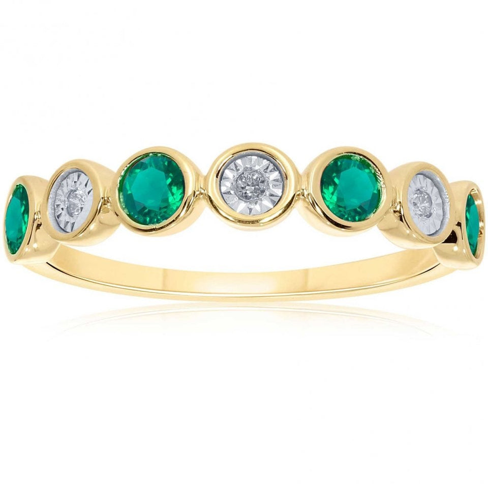 Francis & Gaye 9ct Yellow Gold Emerald & Illusion Set Diamond Half Eternity Ring