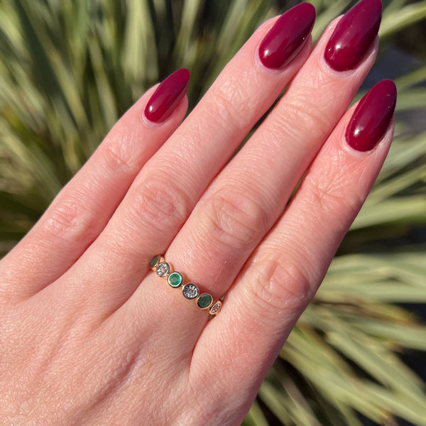Francis & Gaye 9ct Yellow Gold Emerald & Illusion Set Diamond Half Eternity Ring