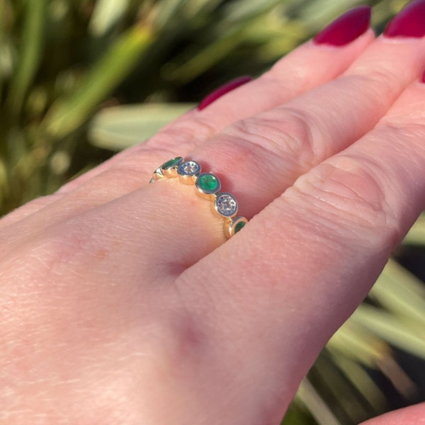 Francis & Gaye 9ct Yellow Gold Emerald & Illusion Set Diamond Half Eternity Ring