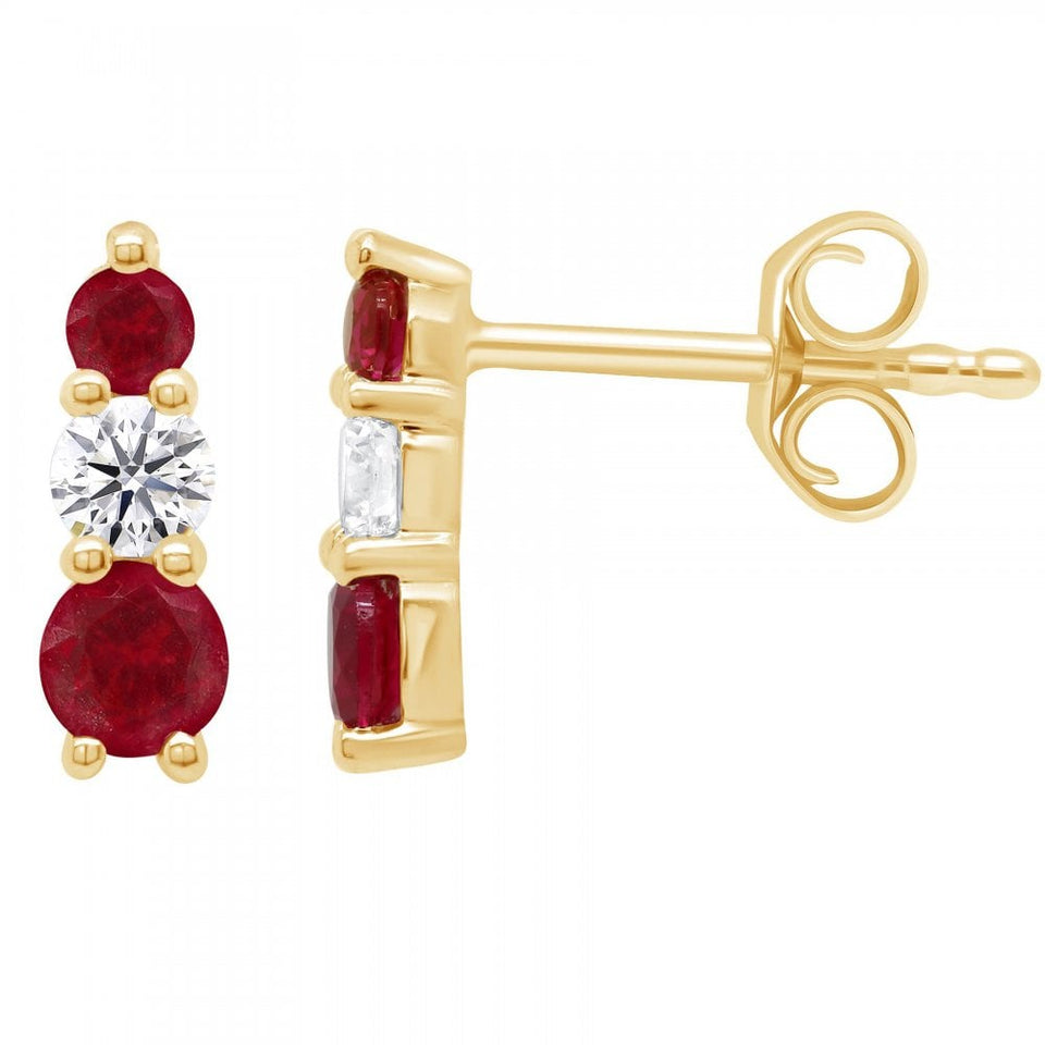 Francis & Gaye 9ct Yellow Gold Laboratory Created Ruby & Diamond Three Stone Earrings