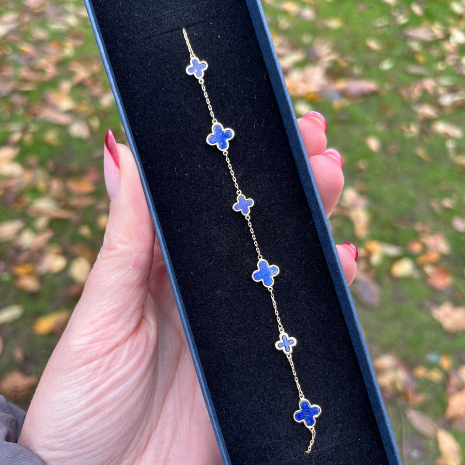 Francis & Gaye 9ct Yellow Gold Lapis 6 Flower Bracelet