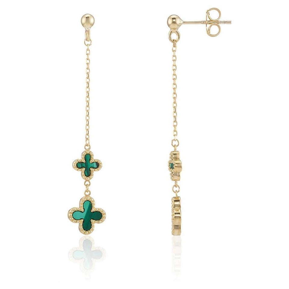 Francis & Gaye 9ct Yellow Gold Malachite Long Flower Drop Earrings