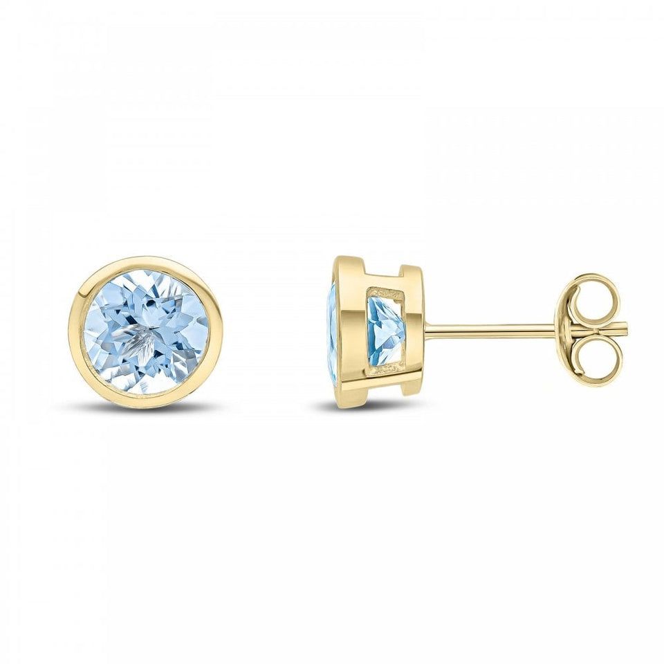 Francis & Gaye 9ct Yellow Gold Round Rubover Aquamarine Earrings