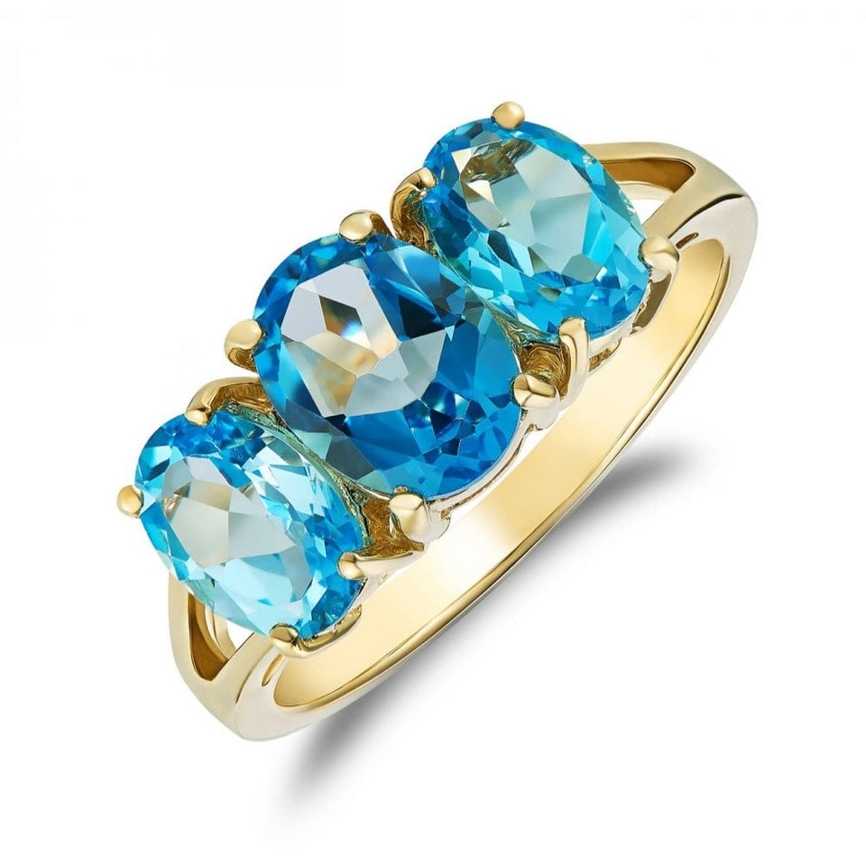 Francis & Gaye 9ct Yellow Gold Swiss Blue Topaz Trilogy Ring - UK Size N