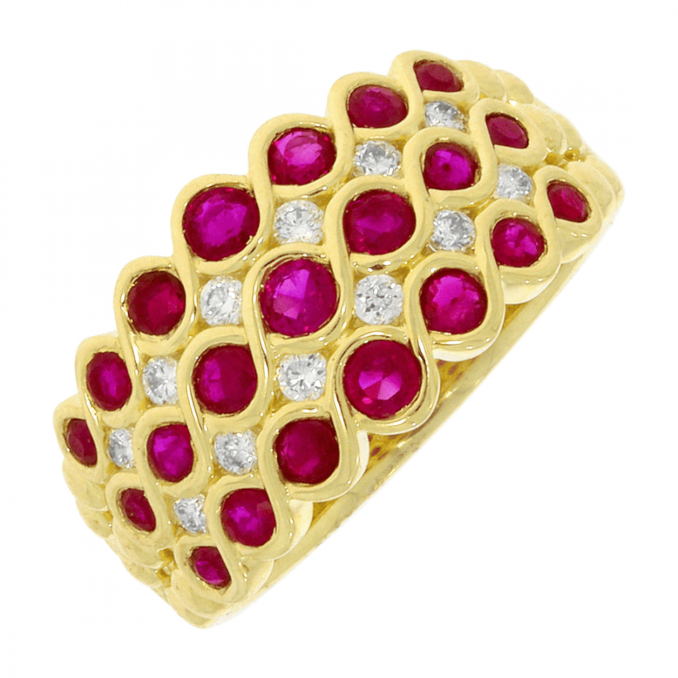Francis & Gaye 9ct Yellow Gold Weaved Ruby & Diamond Ring - Size 'N'