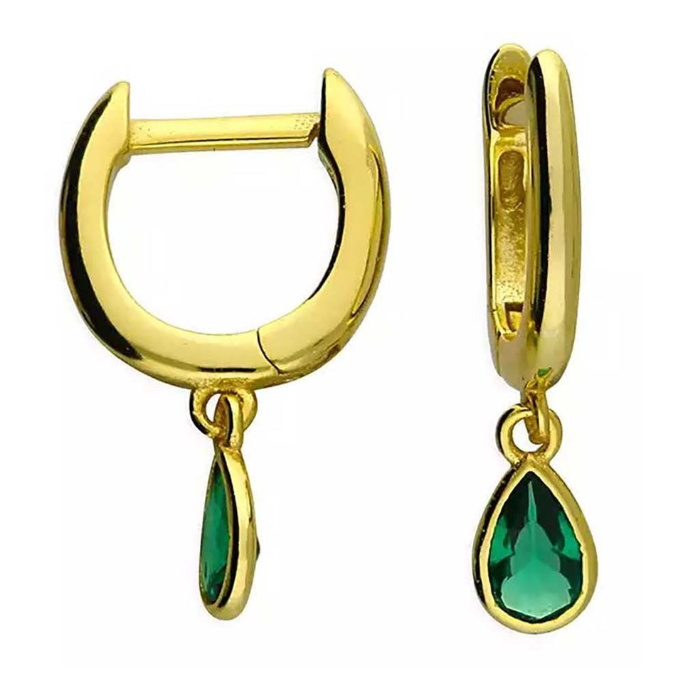 Francis & Gaye Gold Plated Green Stone Teardrop Huggie Hoops