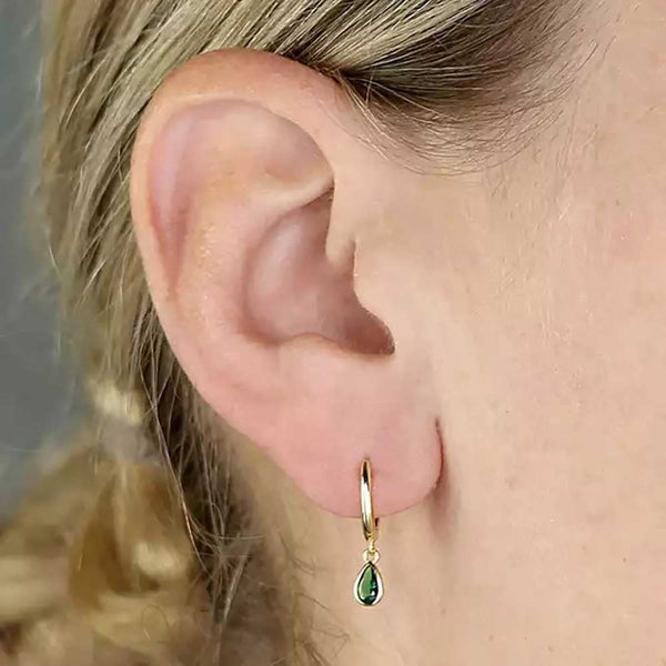Francis & Gaye Gold Plated Green Stone Teardrop Huggie Hoops