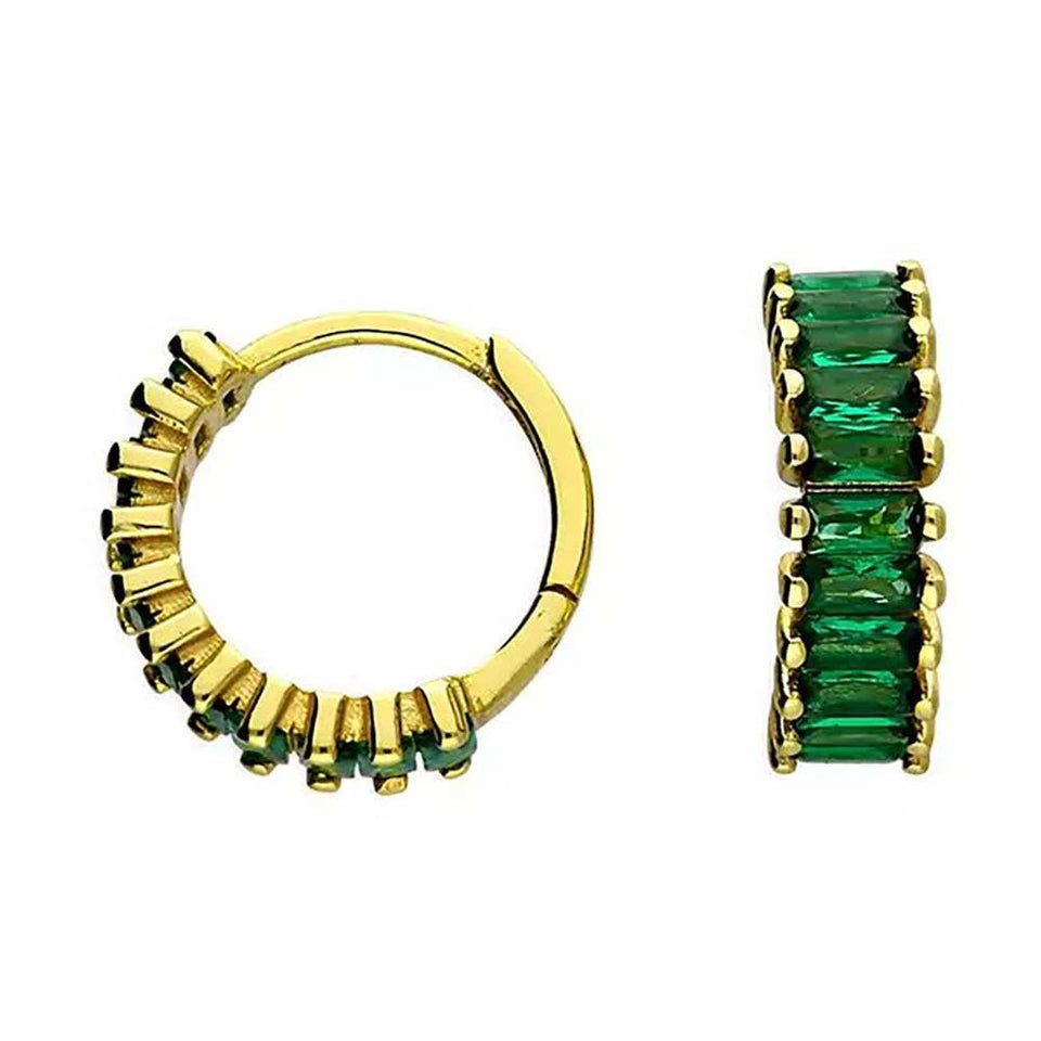 Francis & Gaye Gold Plated Silver Green Baguette Stone Huggie Hoops