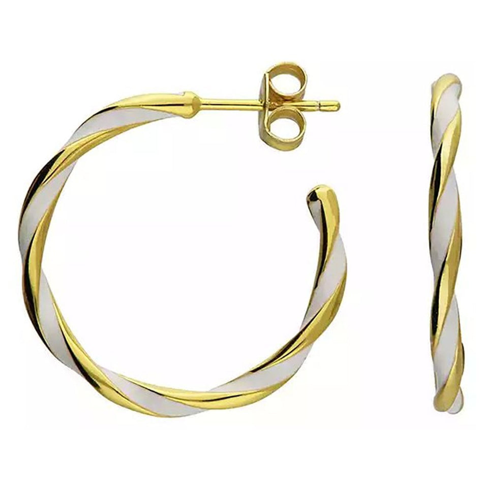 Francis & Gaye Gold Plated Silver & White Enamel Twisted Hoops