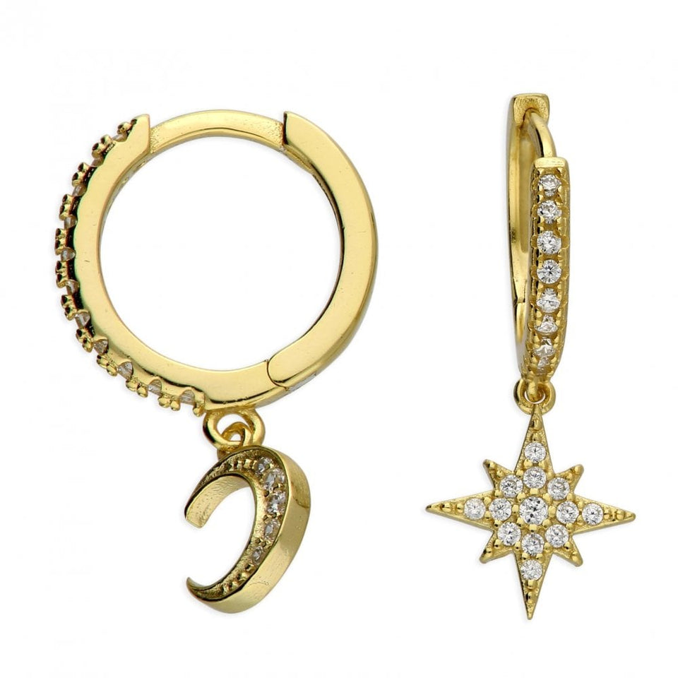 Francis & Gaye Gold Plated Stone Set Star & Moon Huggie Hoops