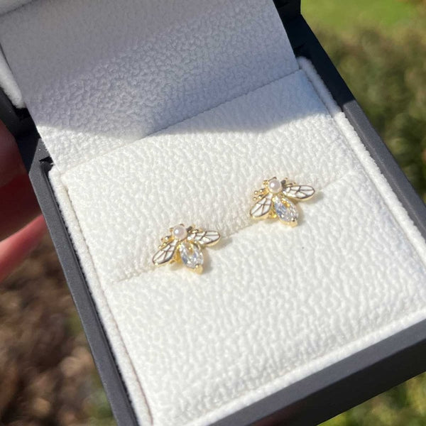 Francis & Gaye Gold Plated White Enamel Bee Earring Studs