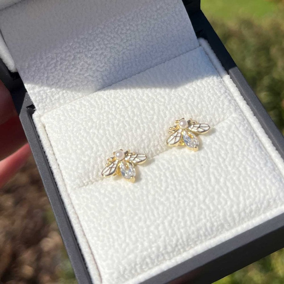 Francis & Gaye Gold Plated White Enamel Bee Earring Studs