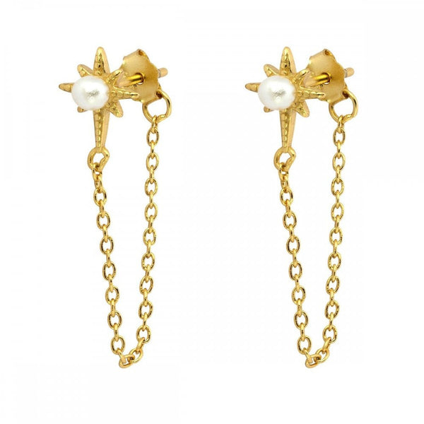Francis & Gaye Ladies Gold Plated Pearl Star Chain Drop Earrings