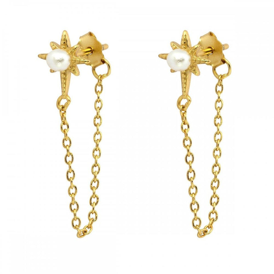 Francis & Gaye Ladies Gold Plated Pearl Star Chain Drop Earrings
