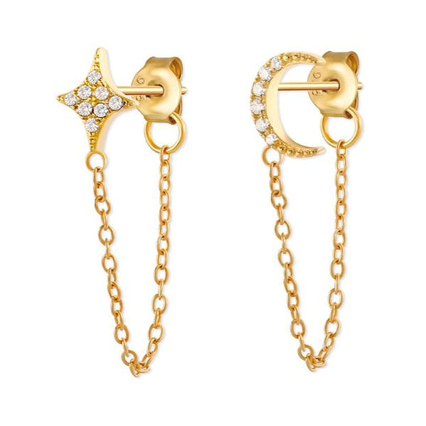 Francis & Gaye Ladies Gold Plated Star & Moon Chain Earrings