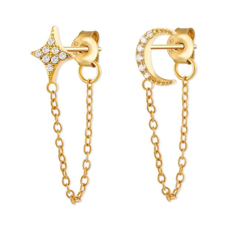Francis & Gaye Ladies Gold Plated Star & Moon Chain Earrings