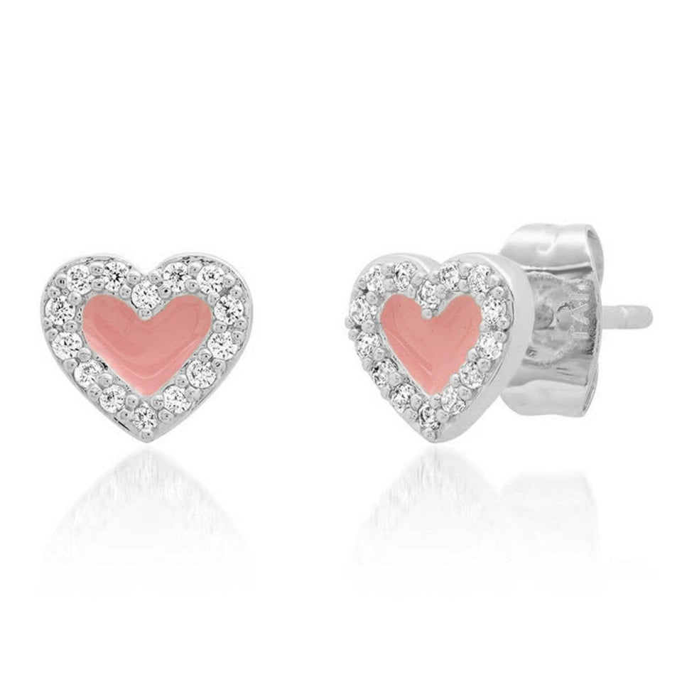 Francis & Gaye Ladies Silver Enamel Pink Stone Set Heart Studs