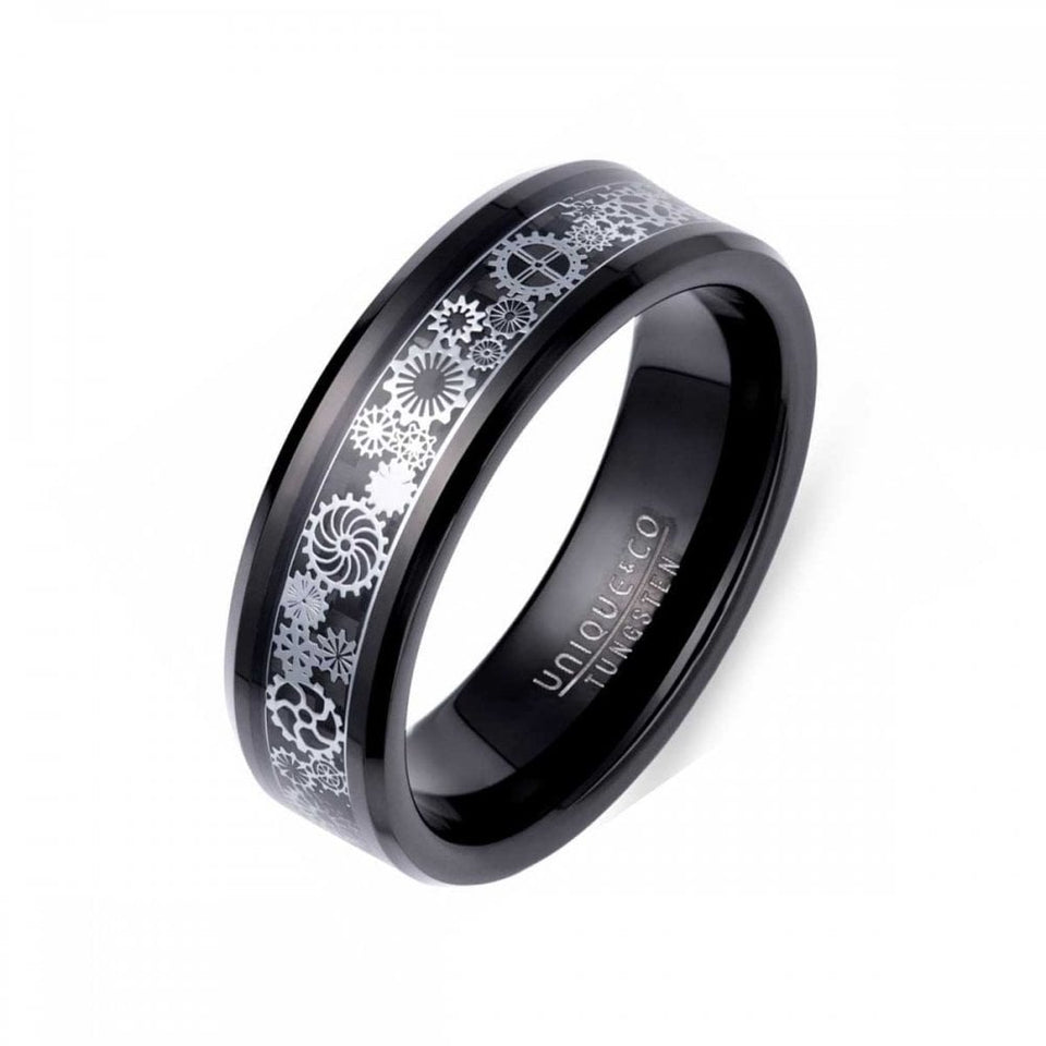Francis & Gaye Men's Black 7mm Cogs & Wheel Design Band Ring