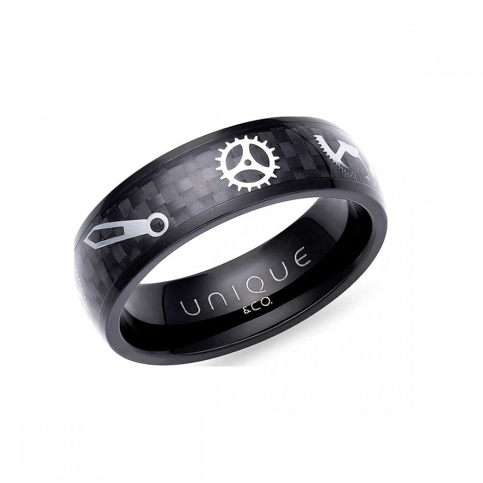 Francis & Gaye Men's Black IP Plated Carbon Fibre Gear & Wheel Inlay Ring