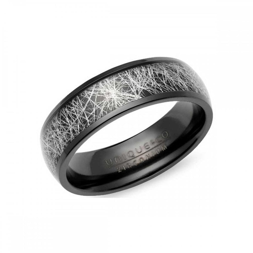 Francis & Gaye Men's Black IP Plated Meteorite Paper Inlay 7mm Zirconium Ring