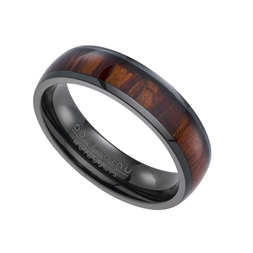 Francis & Gaye Men's Black Zirconium Wooden Inlay Band Ring
