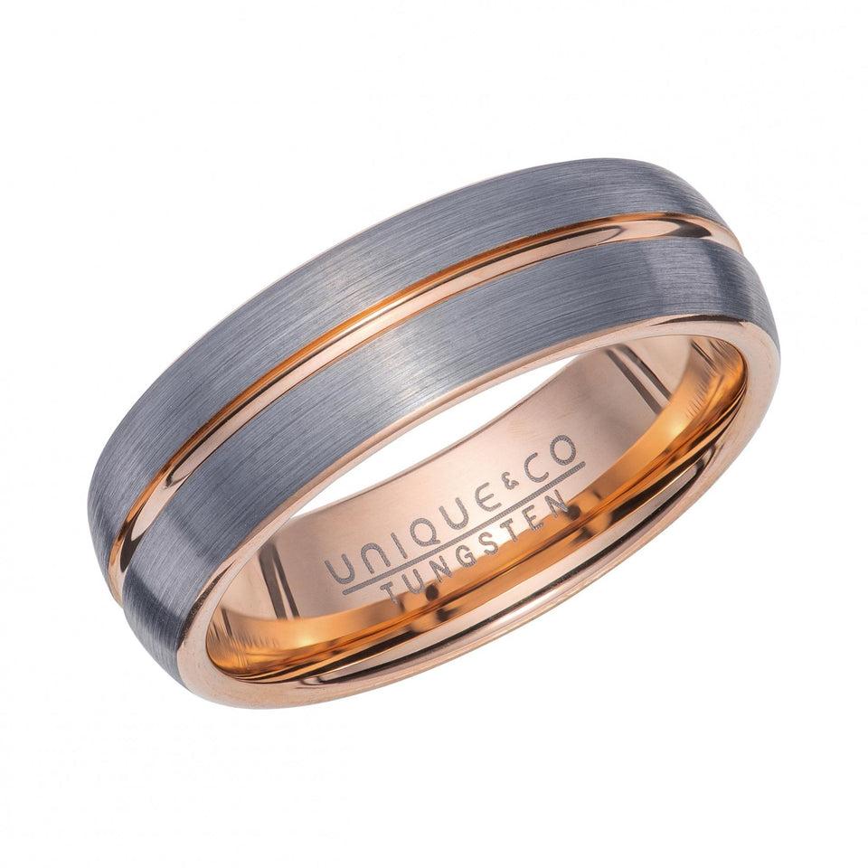 Francis & Gaye Men's Brushed Tungsten Rose Plated Inlay Ring