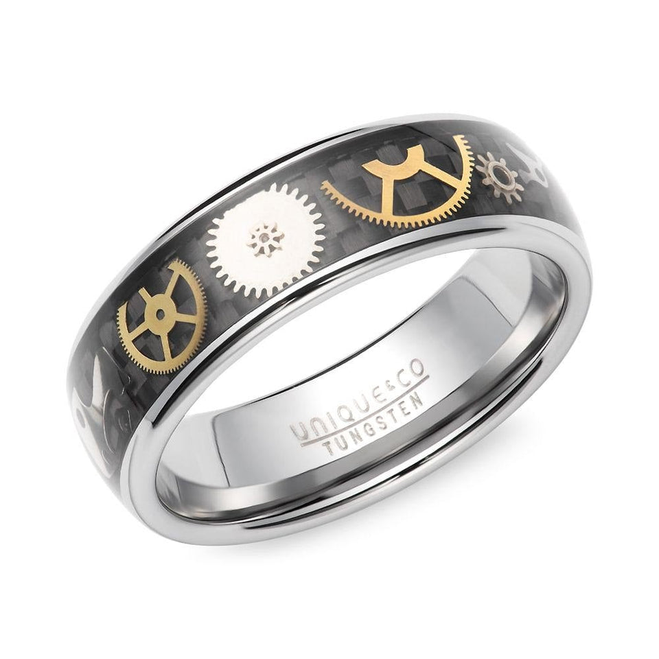 Francis & Gaye Men's Carbon Fibre Gold Toned Cogs & Wheel Design Ring