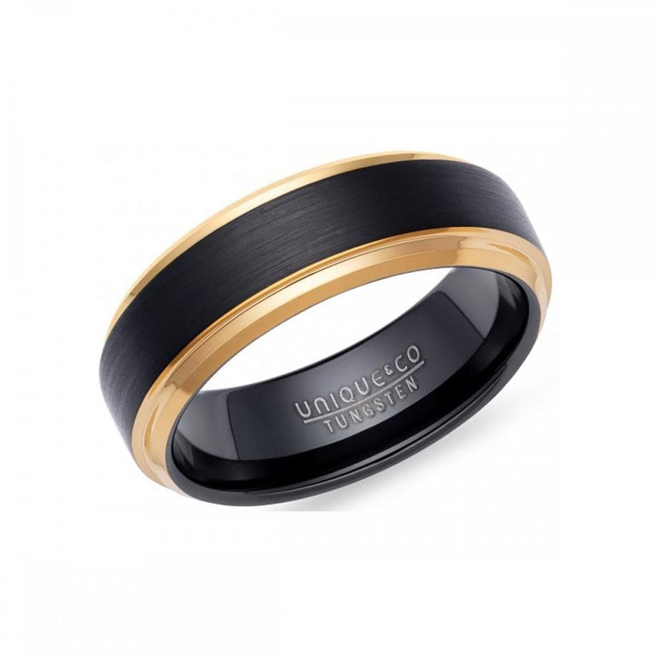 Francis & Gaye Men's Tungsten Black & Gold Bevelled 7mm Ring