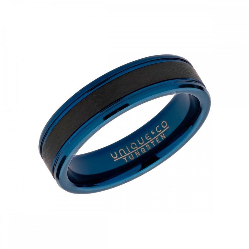 Francis & Gaye Men's Tungsten Black Inlay Blue IP Plated Court 6mm Ring