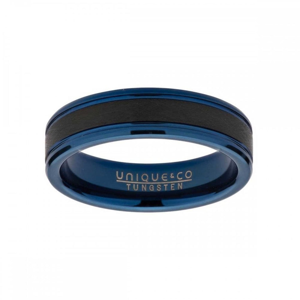 Francis & Gaye Men's Tungsten Black Inlay Blue IP Plated Court 6mm Ring