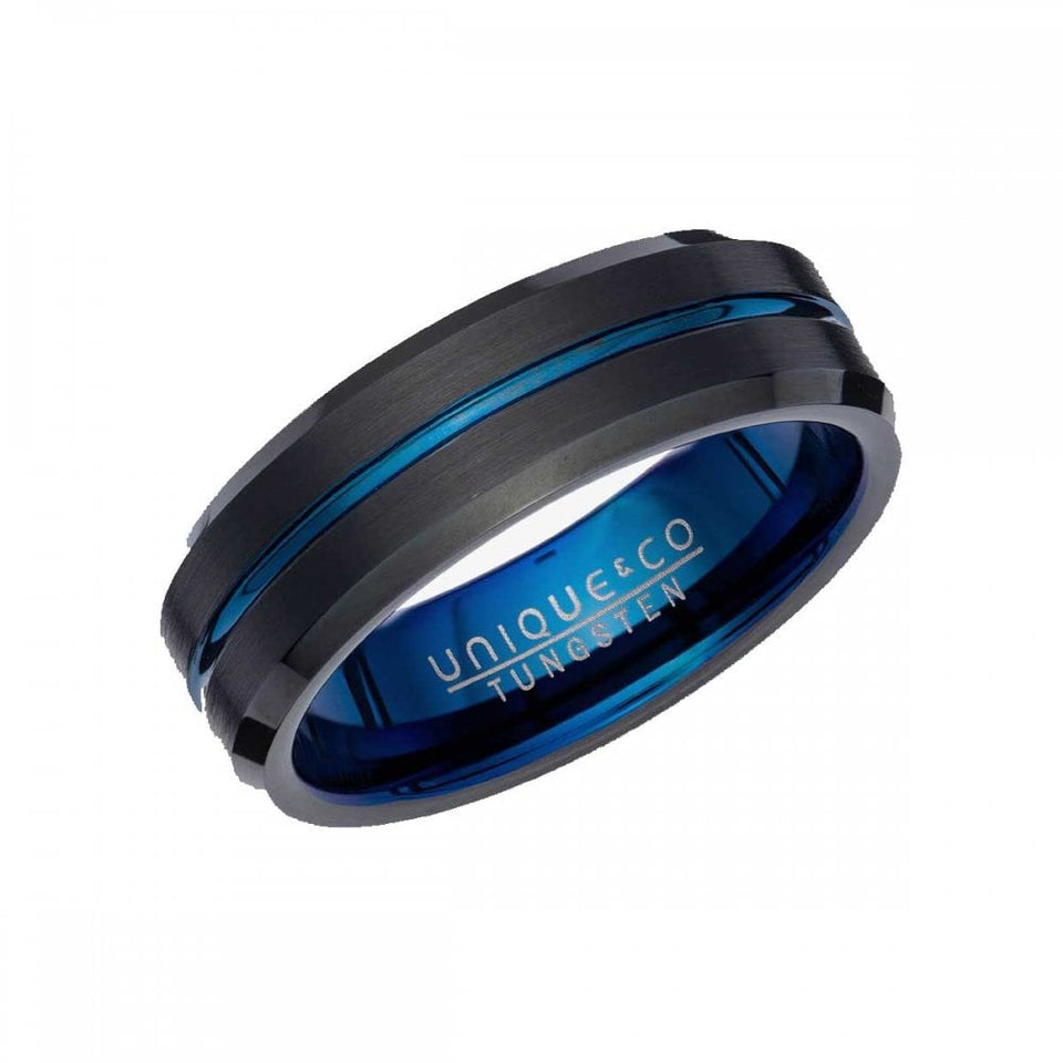 Francis & Gaye Men's Tungsten Black IP Plated Blue Lined Ring