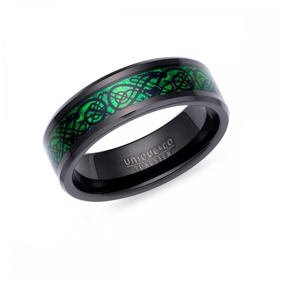 Francis & Gaye Men's Tungsten Black IP Plated Green Inlay Band Ring