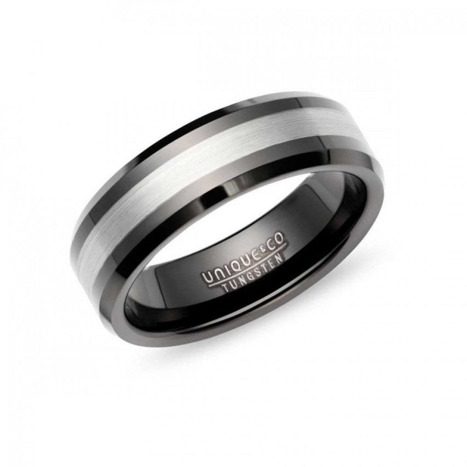 Francis & Gaye Men's Tungsten Black IP Plated Silver Centred 7mm Ring