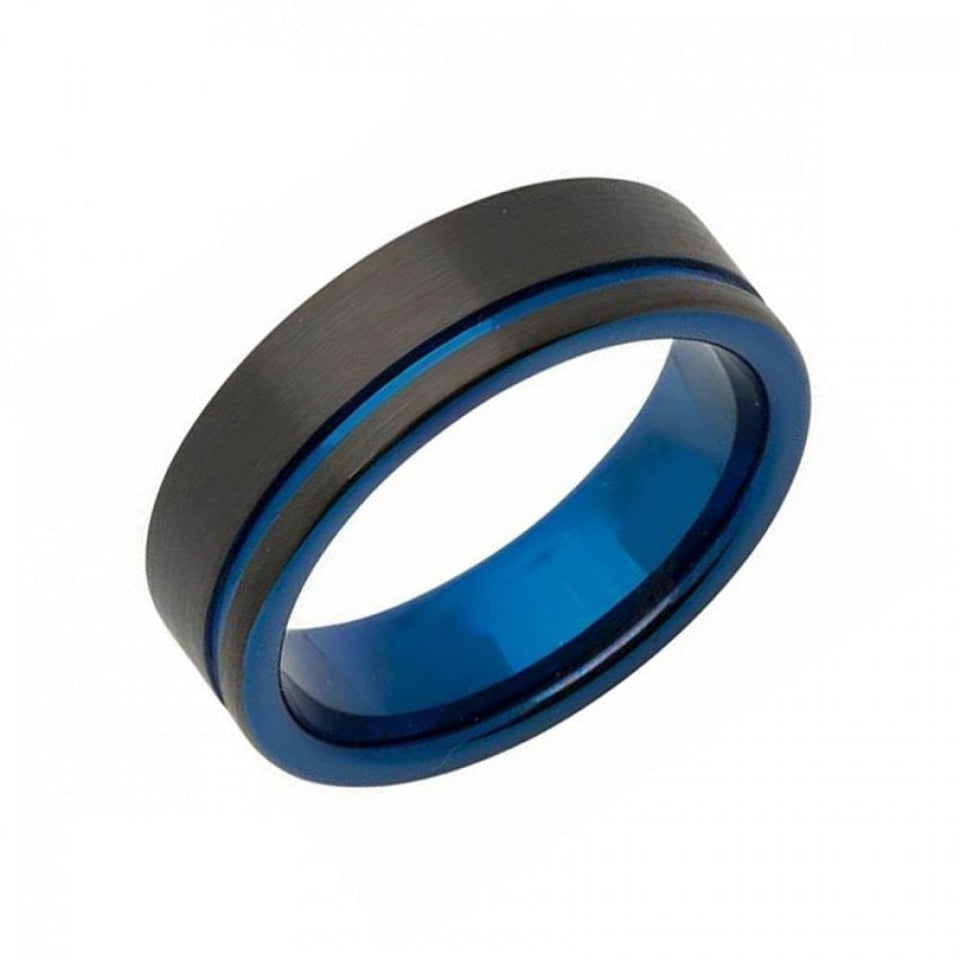 Francis & Gaye Men's Tungsten Blue Lined Black IP Plated 7mm Band Ring
