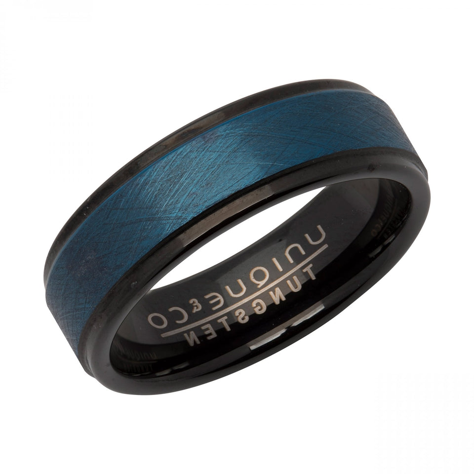 Francis & Gaye Men's Tungsten Carbide Black IP Plated Blue Inlay Band Ring