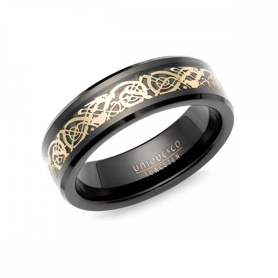 Francis & Gaye Men's Tungsten Carbide Black & Yellow IP Plated Carbon Fibre 7mm Ring