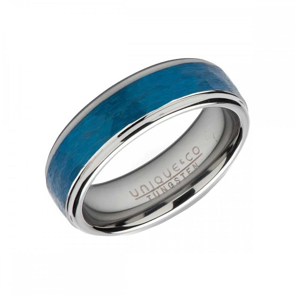 Francis & Gaye Men's Tungsten Carbide Blue Plated Centre Hammered Ring