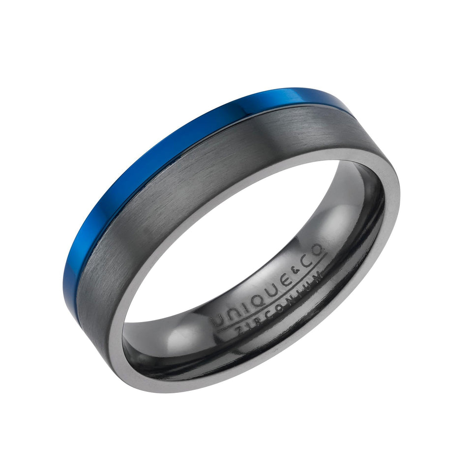 Francis & Gaye Men's Tungsten IP Plated Blue Lined Band Ring