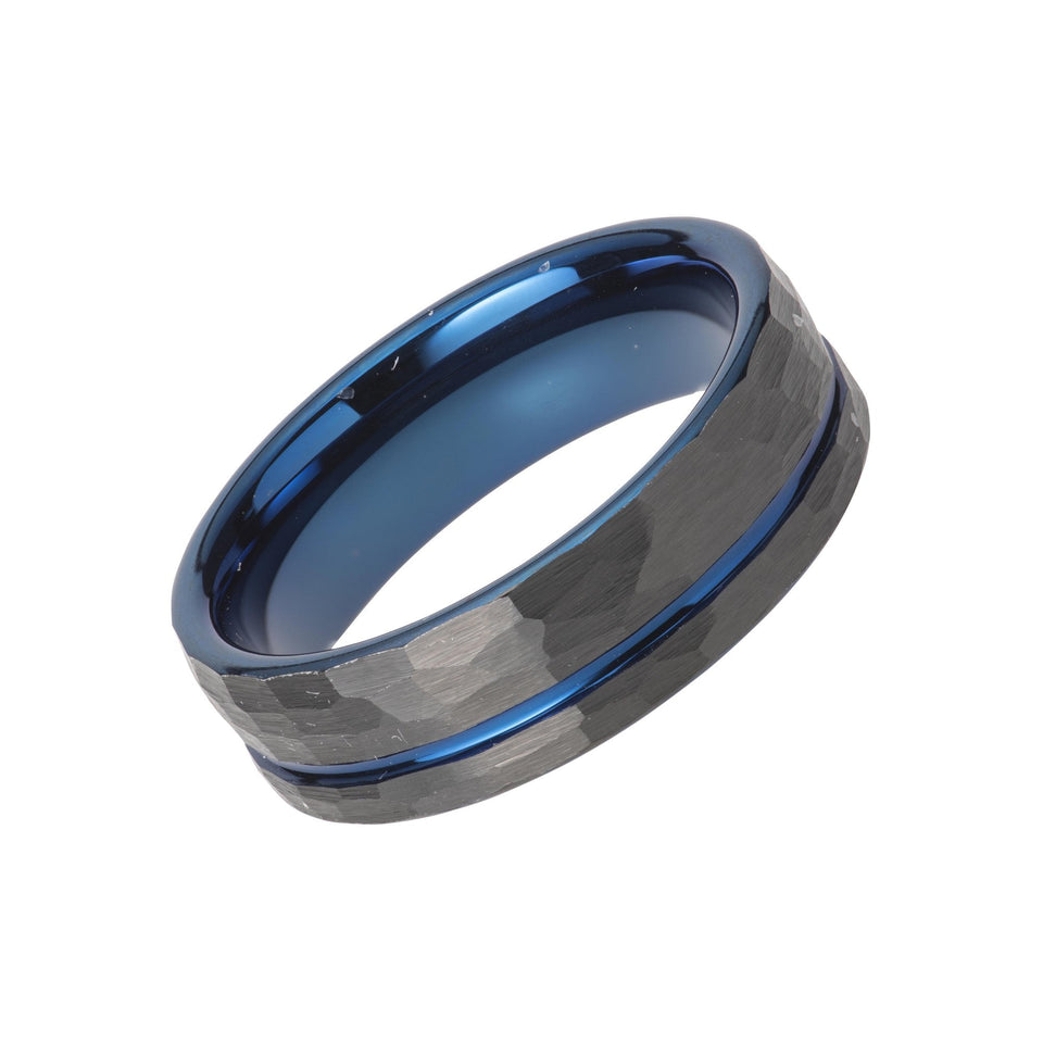 Francis & Gaye Men's Tungsten IP Plated Hammered Blue 7mm Ring