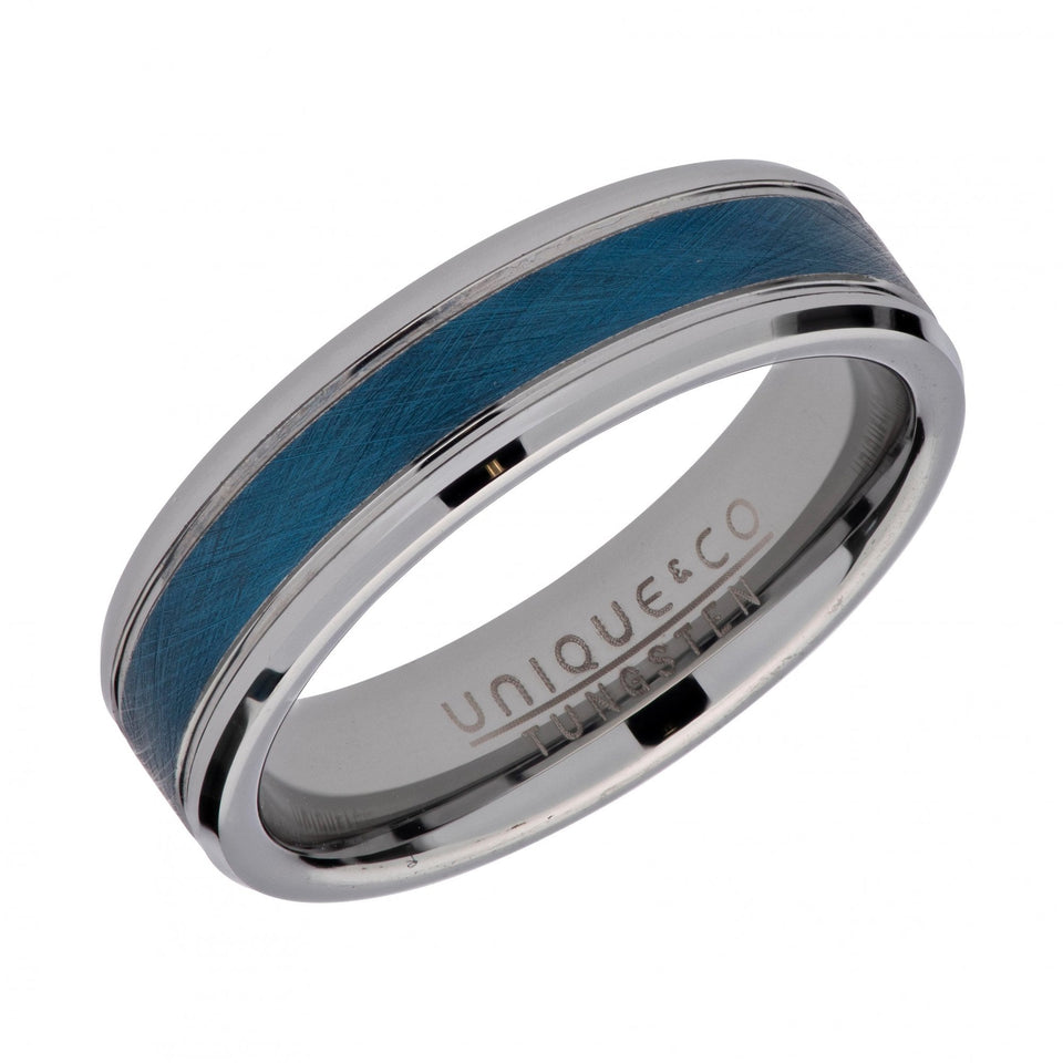 Francis & Gaye Men's Tungsten Light Blue IP Plated Inlay 7mm Ring