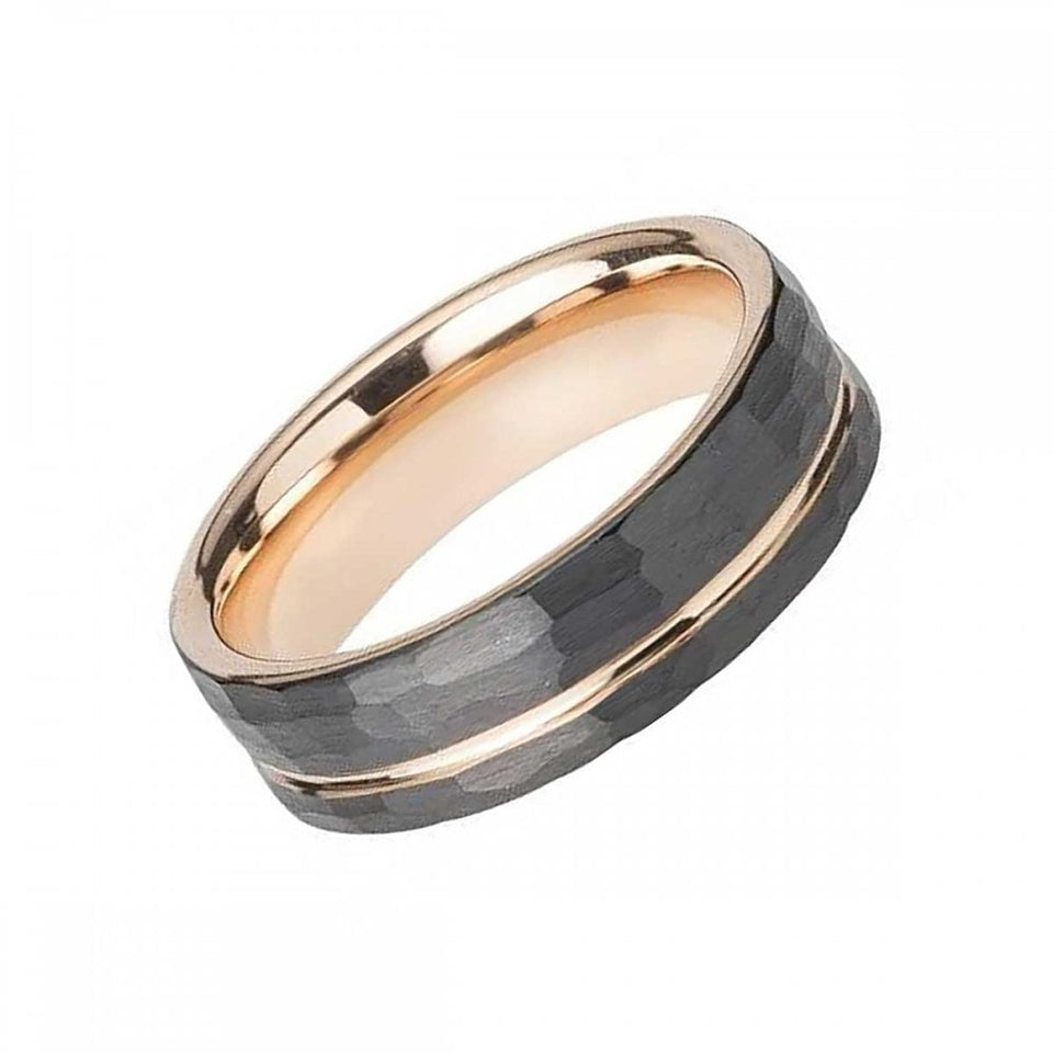 Francis & Gaye Men's Tungsten Rose Gold Inlay Hammered Black Flat Court Ring