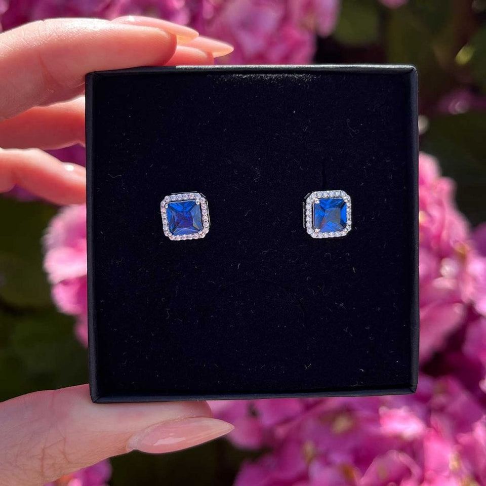 Francis & Gaye Silver & Blue Stone Square Halo Earring Studs