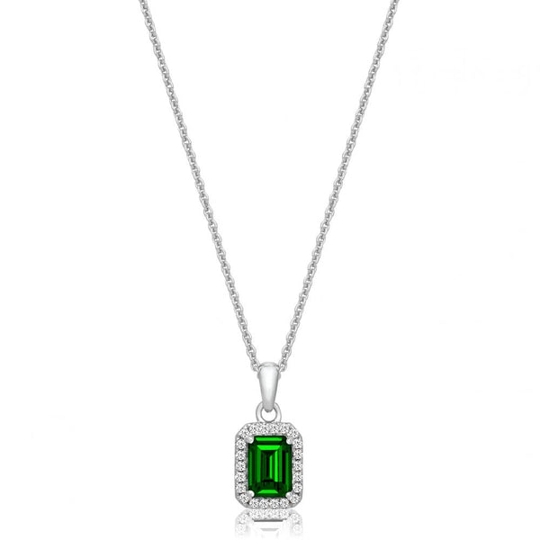 Francis & Gaye Silver Green Stone Set Emerald Cut Halo Style Necklace