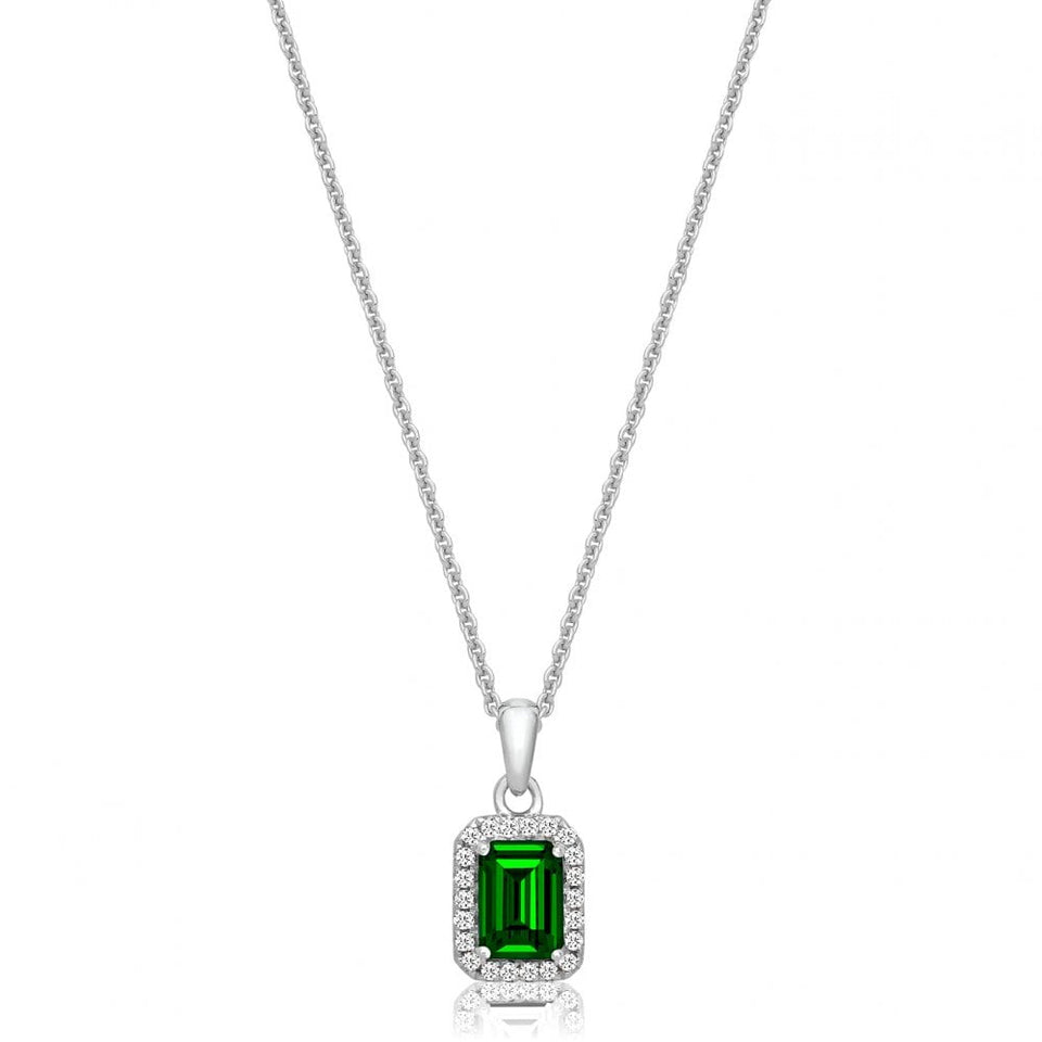 Francis & Gaye Silver Green Stone Set Emerald Cut Halo Style Necklace