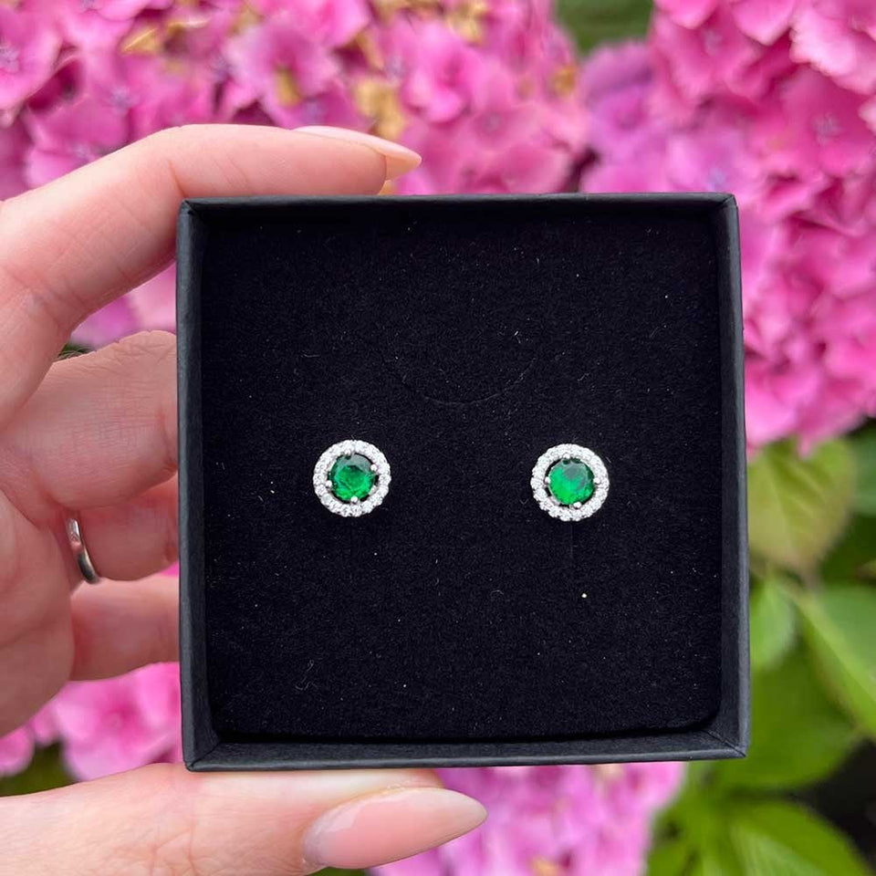 Francis & Gaye Silver & Green Stone Set Halo Studs