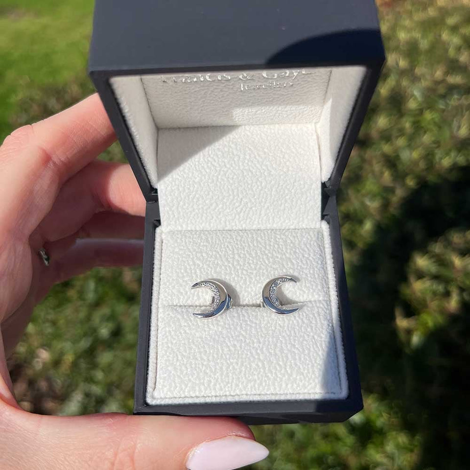 Francis & Gaye Silver Half Stone Set Moon Earrings