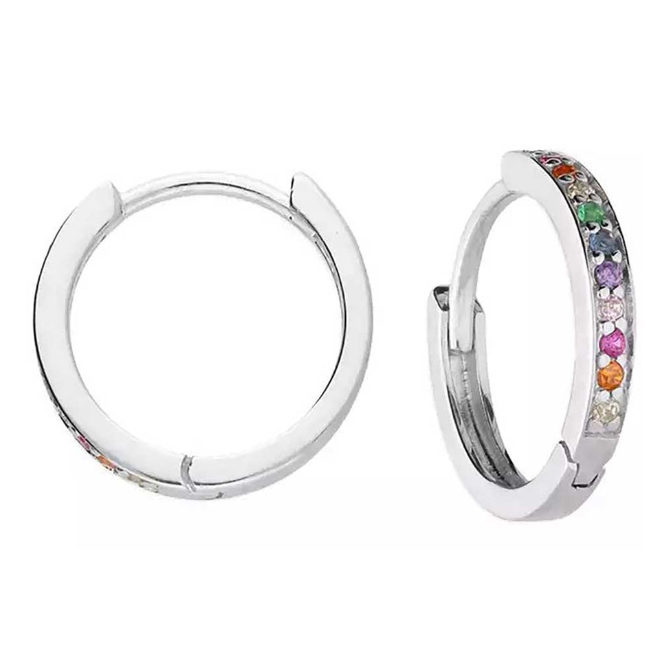 Francis & Gaye Silver Stone Set Rainbow Huggie Hinged Hoops