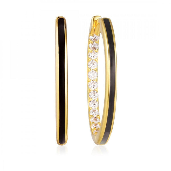 Francis & Gaye Small Ladies Gold Plated Black Enamel Hoops