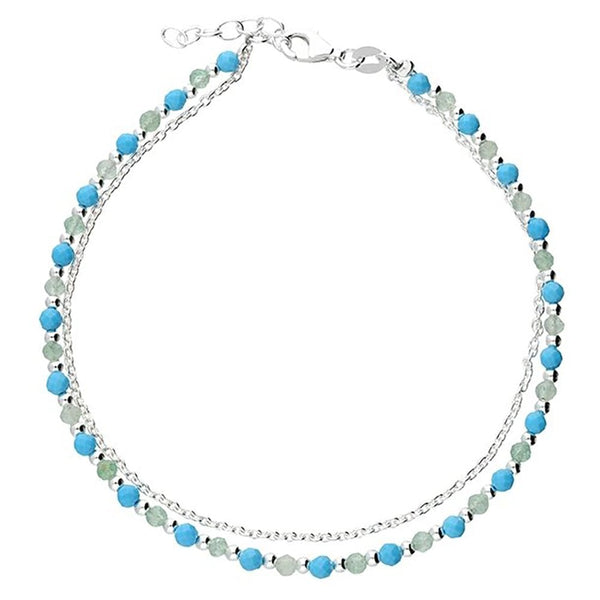 Francis & Gaye Sterling Silver Double Strand Adventurine & Turquoise Anklet