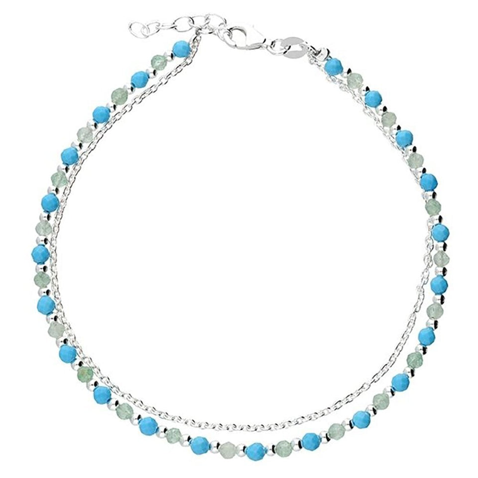 Francis & Gaye Sterling Silver Double Strand Adventurine & Turquoise Anklet
